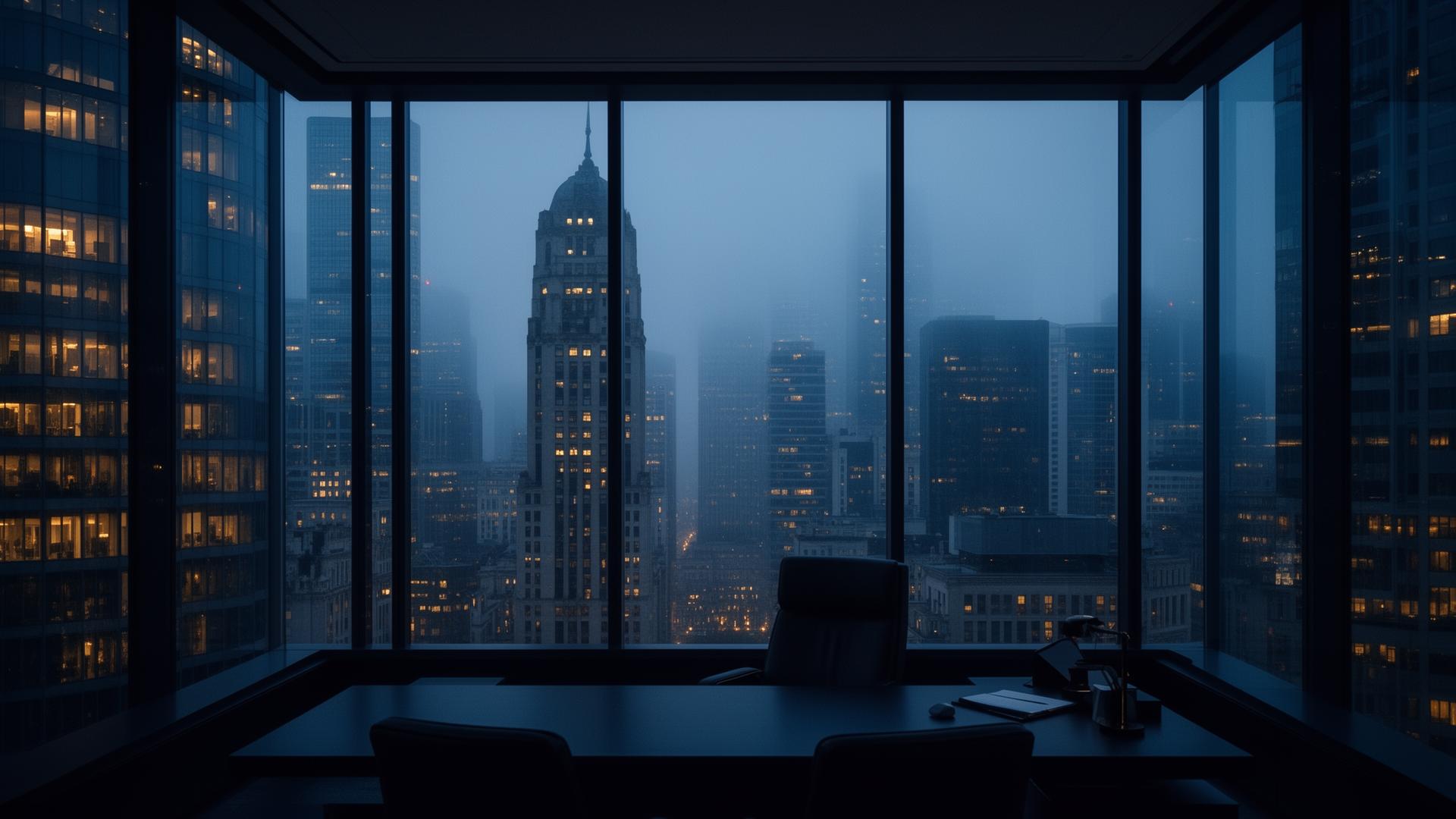 International financial district at dusk seen from a private executive office